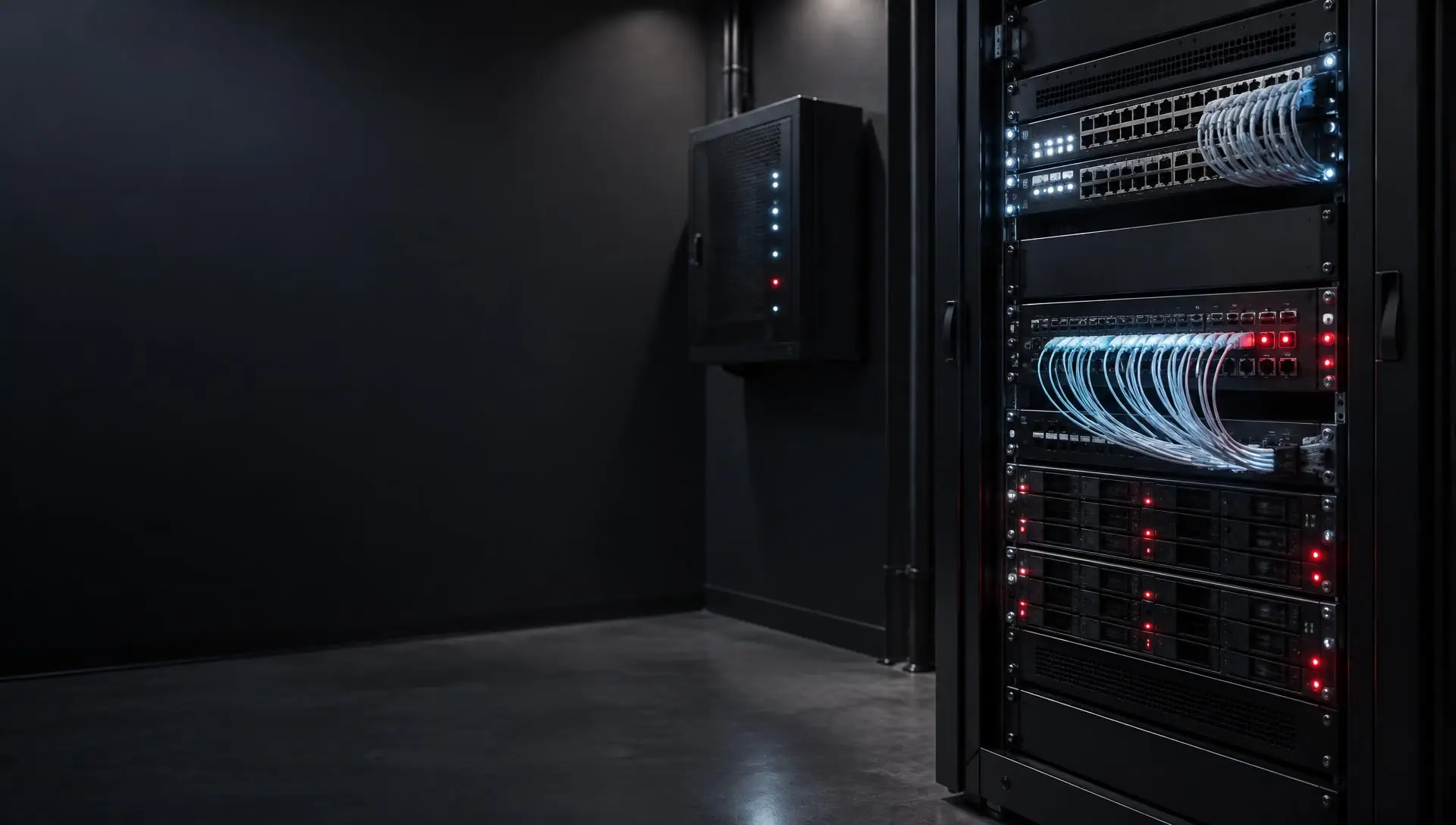 Apparati di rete e server con spie luminose in un ambiente aziendale scuro